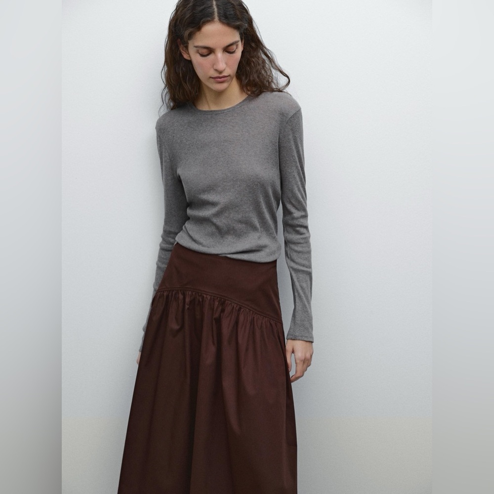 Massimo Dutti Skirt w Yoke Detail | Chocolate 100% Cotton Midi. Quiet Luxury NWT - Picture 4 of 12